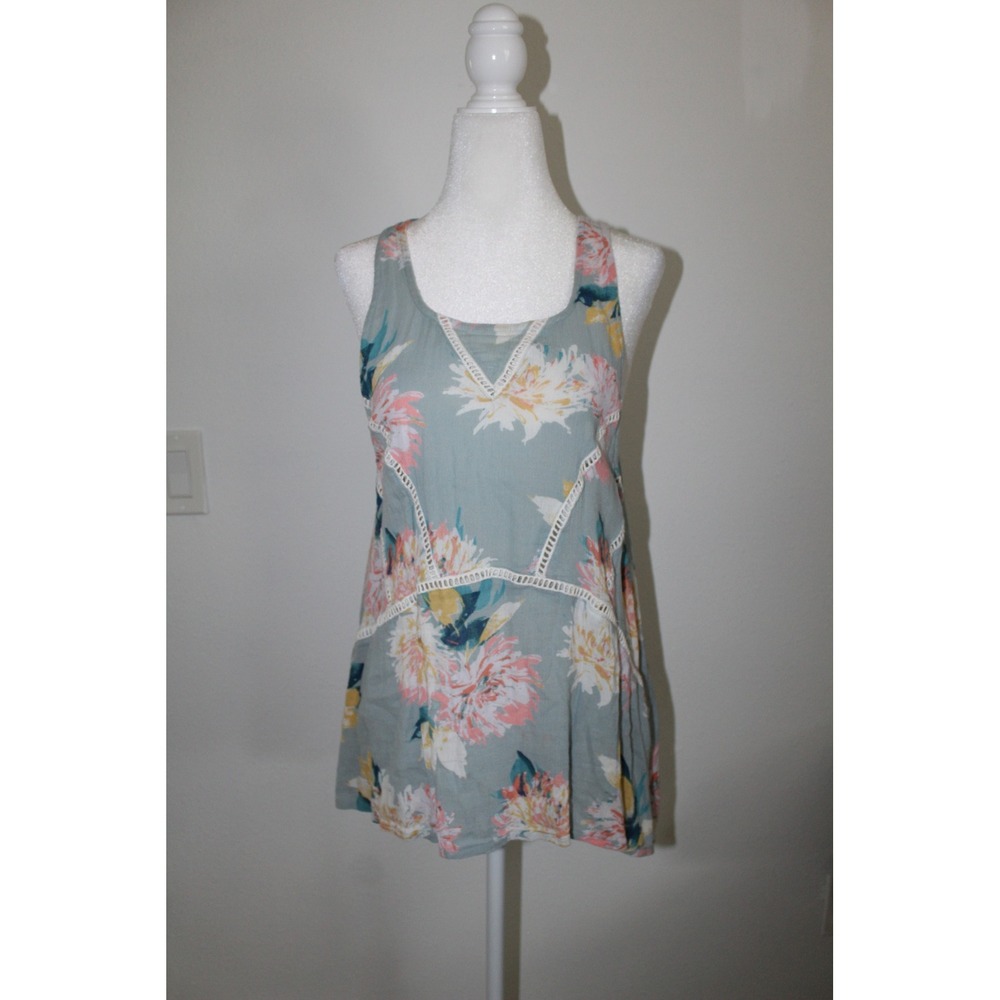 ONeill Women's Floral Surf Crochet Lace Trim Boho Tank Top Blue Pink Large